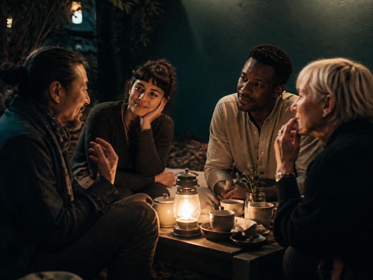Four people talking closely around a small table lit by a lantern