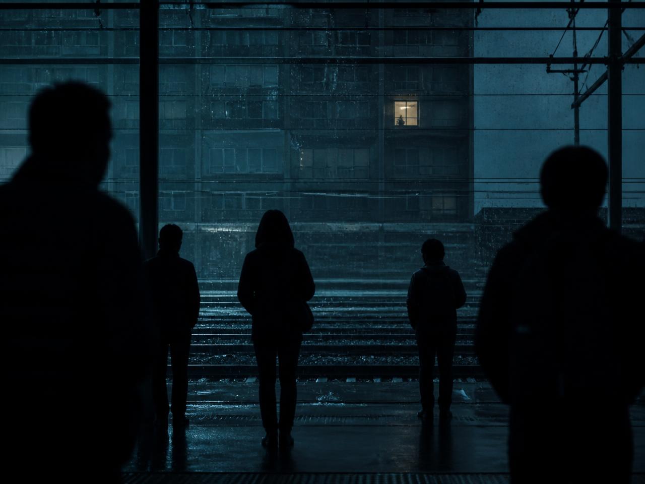 Commuters standing apart on a rain-soaked platform at night, one apartment window lit above them